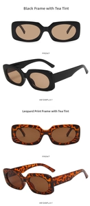 Front and side view of rectangular sunglasses in black and leopard frames with brown lenses