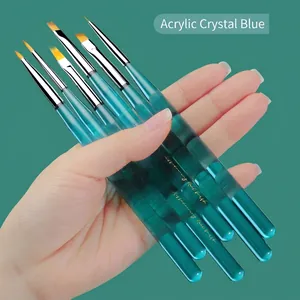 Five-piece ocean blue acrylic nail art brush set with crystal clear handles and gold lettering
