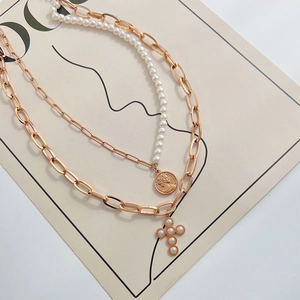 Double Layered Necklace Stainless Steel Imitation Artificial Pearl Portrait Coin And Cross Pendant Vintage Fashion Jewelry For Women