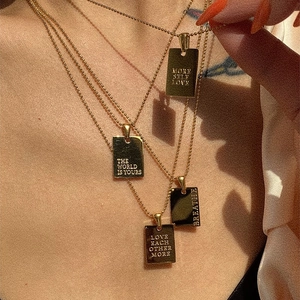 18K gold plated square pendant necklace with inspirational phrases on fine bead chain