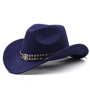 Navy blue wool felt western cowboy hat with brown studded leather belt and metal badge