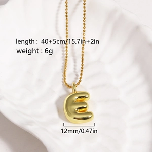 Gold-plated bubble letter E pendant necklace on shell plate with chain size info