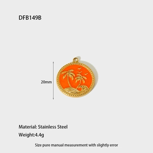 Detail of 20mm stainless steel tropical palm tree pendant with orange enamel and gold trim