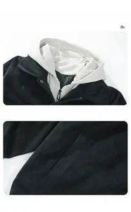 Détails de la texture en velours côtelé noir, capuche double couche et poches latérales