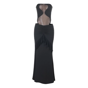 Elegant black halter neck dress with ruffle hem and cut-out details on mannequin