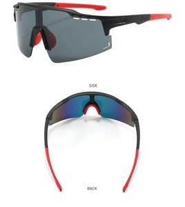 Detail view showing side and back of black cycling sunglasses with red anti-slip temples