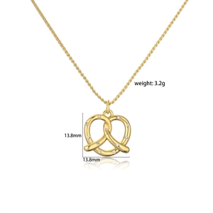Detail showing a 13.8mm gold-plated pretzel pendant with zircon and 3.2g weight specs