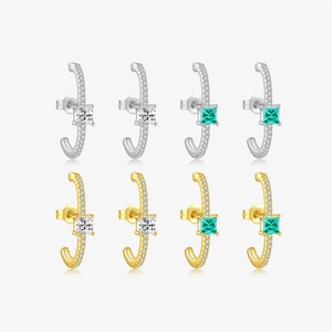 925 Sterling Silver C-Shaped Stud Earrings For Women Pave Rhinestone Square Green White Stone Fashion Jewelry With 925 Silver Post
