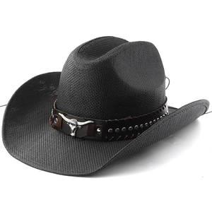 Black woven western cowboy hat with a metal bull head emblem and wide upturned brim