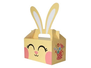 Close-up of yellow Easter bunny gift box with 3D ears and floral watering can detail