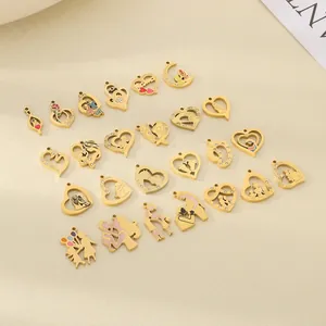 Stainless Steel Gold Plated Mother Child Heart Pendants Enamel Rhinestone Charms DIY Jewelry Making Mothers Day Gift