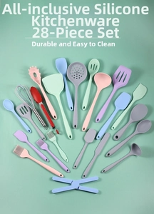 Flat lay of 28-piece silicone kitchen utensil set with hanging holes and folding rack