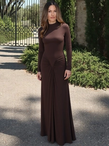 Slim fit dark brown long sleeve maxi dress with elegant waist pleat detailing