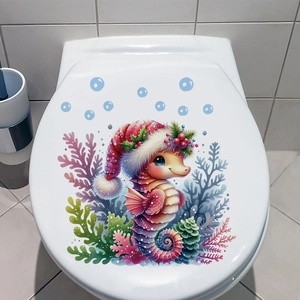 Christmas sea horse wall sticker on toilet lid with red hat and coral bubbles decoration