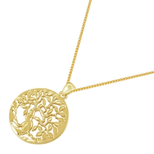 Vintage golden necklace featuring a hollow Tree of Life circular pendant and slim chain