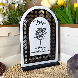 Close-up of Mother's Day acrylic plaque with floral bouquet and warm heartfelt message
