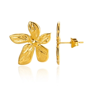 Detail of gold flower earrings with brushed texture and butterfly back closure