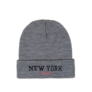 Close-up of deep grey knit beanie featuring high-quality NEW YORK EST. 1625 embroidery
