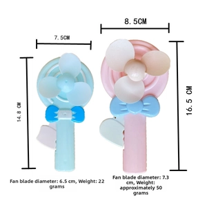 Detailed size comparison of pink and blue lollipop hand-press fans with dimensions