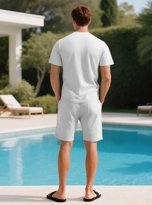 Close-up of men's white waffle knit two-piece set with a focus on fabric texture