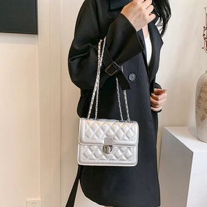 Silver quilted chain shoulder bag worn by model, showing modern crossbody style details