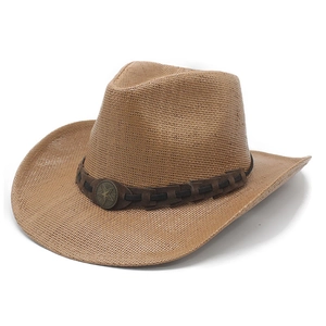 Classic woven straw cowboy hat in tan with a vintage metallic star badge and leather band