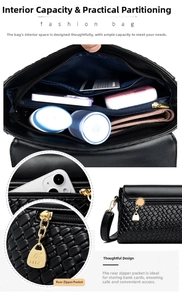 Detail view of woven black shoulder bag featuring gold kangaroo logo and multi-pocket interior