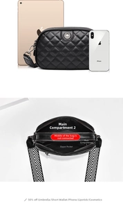 Detail view of the quilted crossbody bag interior with multiple compartments and pockets