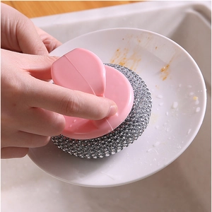 Pink kitchen cleaning brush with long handle and wire ball for effective dish washing