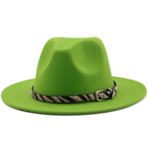 Detail of green wool jazz fedora with zebra print belt and silver square metal buckle