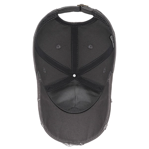 Deep grey cotton baseball cap interior view with cross-stitching and ventilation holes