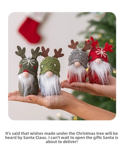 Detailed view of handmade Christmas gnome ornaments with knitted snowflake hats and antlers