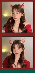 Detailed view of plush reindeer antlers headband with bells and soft white fur balls