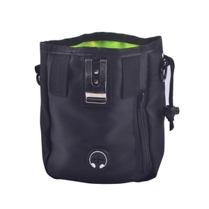 Portable black nylon pet training treat bag with green interior and drawstring closure