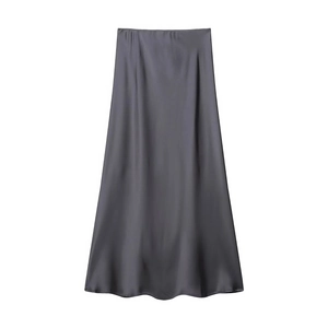Detail of elegant charcoal grey satin midi skirt featuring silky texture and drape