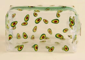 Detail of waterproof transparent PVC cosmetic bag with avocado print and green zipper