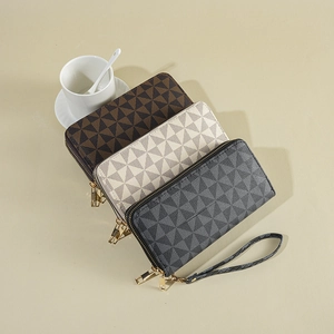 Geometric Triangle Print PU Leather Long Double Zipper Wallet Clutch Wristlet Multi Card Slots Large Capacity For Women