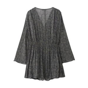 Robe longue fleurie à manches longues avec rayures dorées et décolleté en V profond