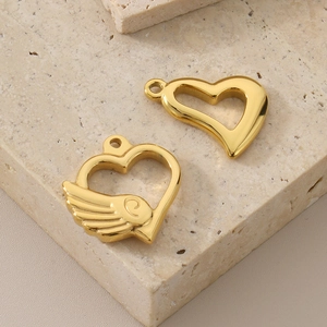 Golden stainless steel heart pendants with hollow and wing designs for DIY jewelry