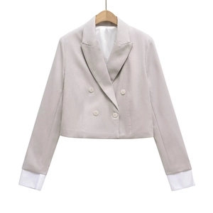 Women Crop Double Breasted Blazer Cotton Woven Notched Lapel White Contrast Cuffs Elegant Office Lady Suit Jacket