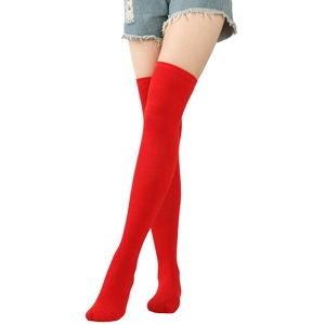 Close-up of red knitted over-the-knee socks showing texture and classic thigh-high fit