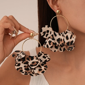 Retro Hoop Earrings With Leopard Camouflage Cloth Petals And Silver Earring Post Vintage Statement Jewelry For Women