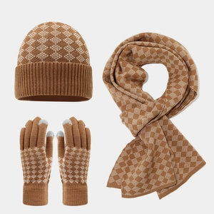 Winter Warm Knitted Beanie Scarf And Touch Screen Gloves Acrylic Rhombus Checkered Pattern Outdoor Casual Accessory