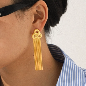 Close-up of 18k gold-plated stainless steel long tassel chain earrings on a model