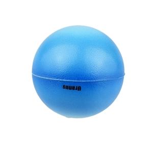 Detail of blue foam Uranus stress ball showing anti-slip texture and printed text