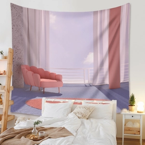 Detail of bohemian tapestry with surreal landscape hanging on cozy bedroom wall