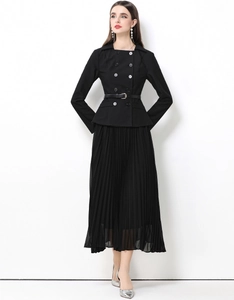 Robe Midi Élégante Pour Femme Avec Revers Double Boutonnage Coupe Ajustée Patchwork Plissé Avec Ceinture