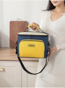 Three-color insulated lunch bag featuring a detachable shoulder strap and fresh logo