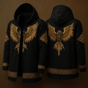Detail of golden hawk graphics and Celtic knot patterns on a black hooded cardigan
