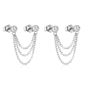 Detailed close-up of S925 hallmark on silver double chain earrings with crystal accents